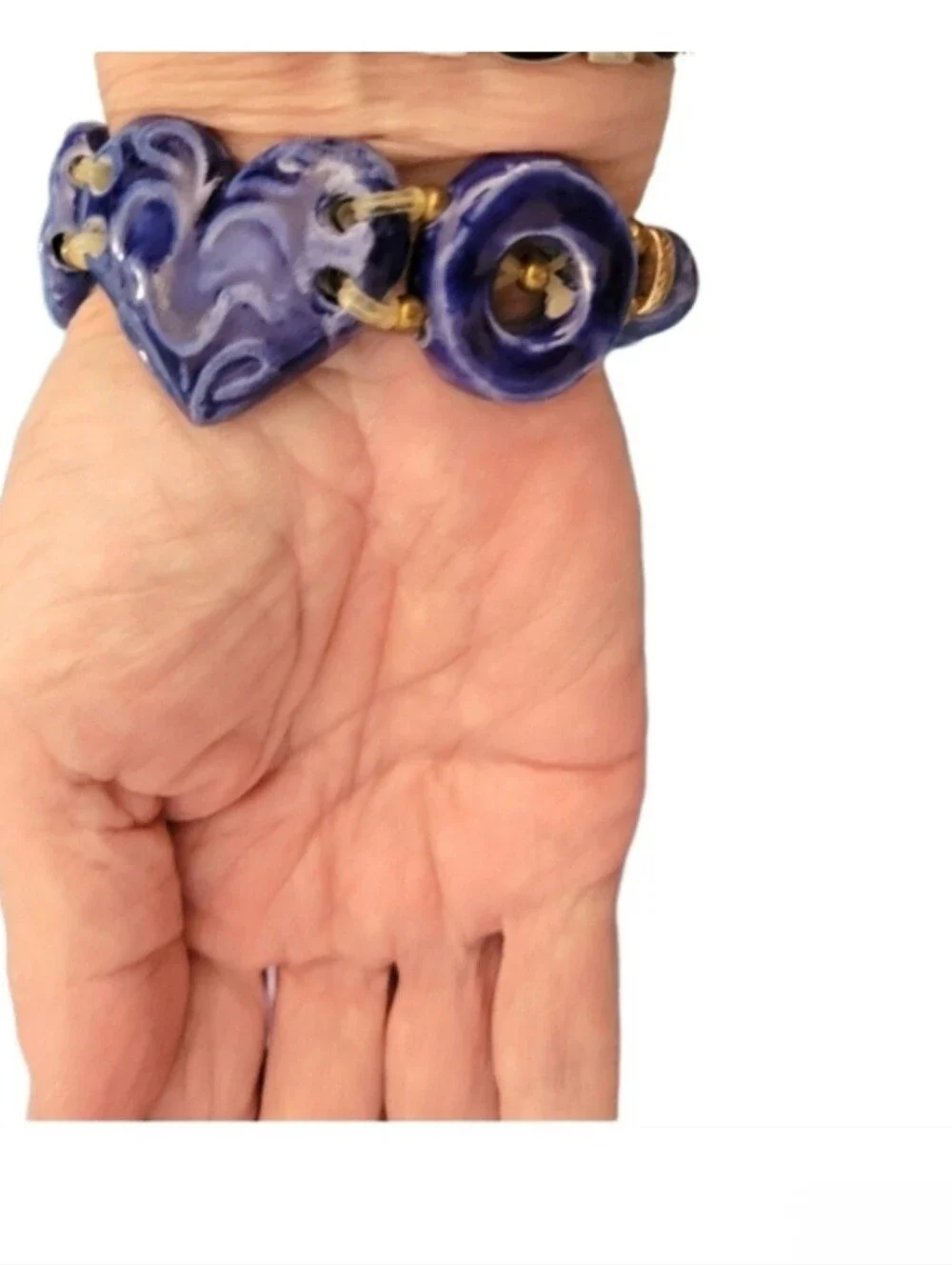 Hand Crafted Blue Ceramic And Gold Bead Heart Bracelet For Small Hands/Wrists